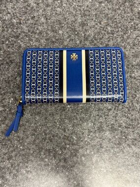 Tory Burch Jewel Royal Blue Gemini Link Stripe Coated Canvas/Leather Zip Wallet